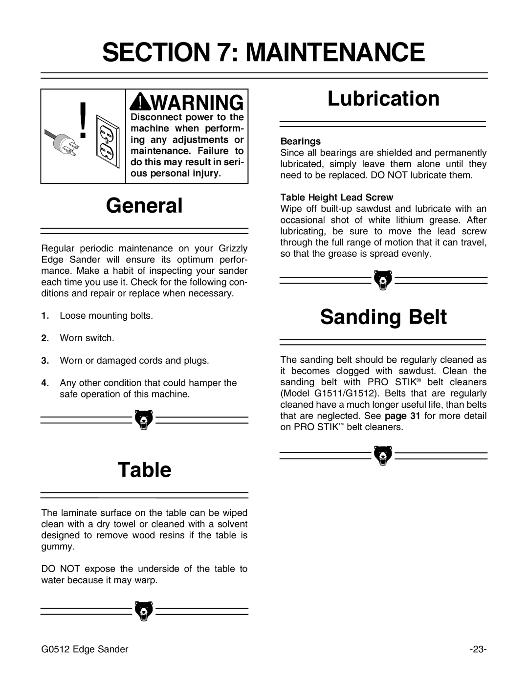 Grizzly G0512 instruction manual Maintenance, General, Lubrication, Bearings, Table Height Lead Screw 