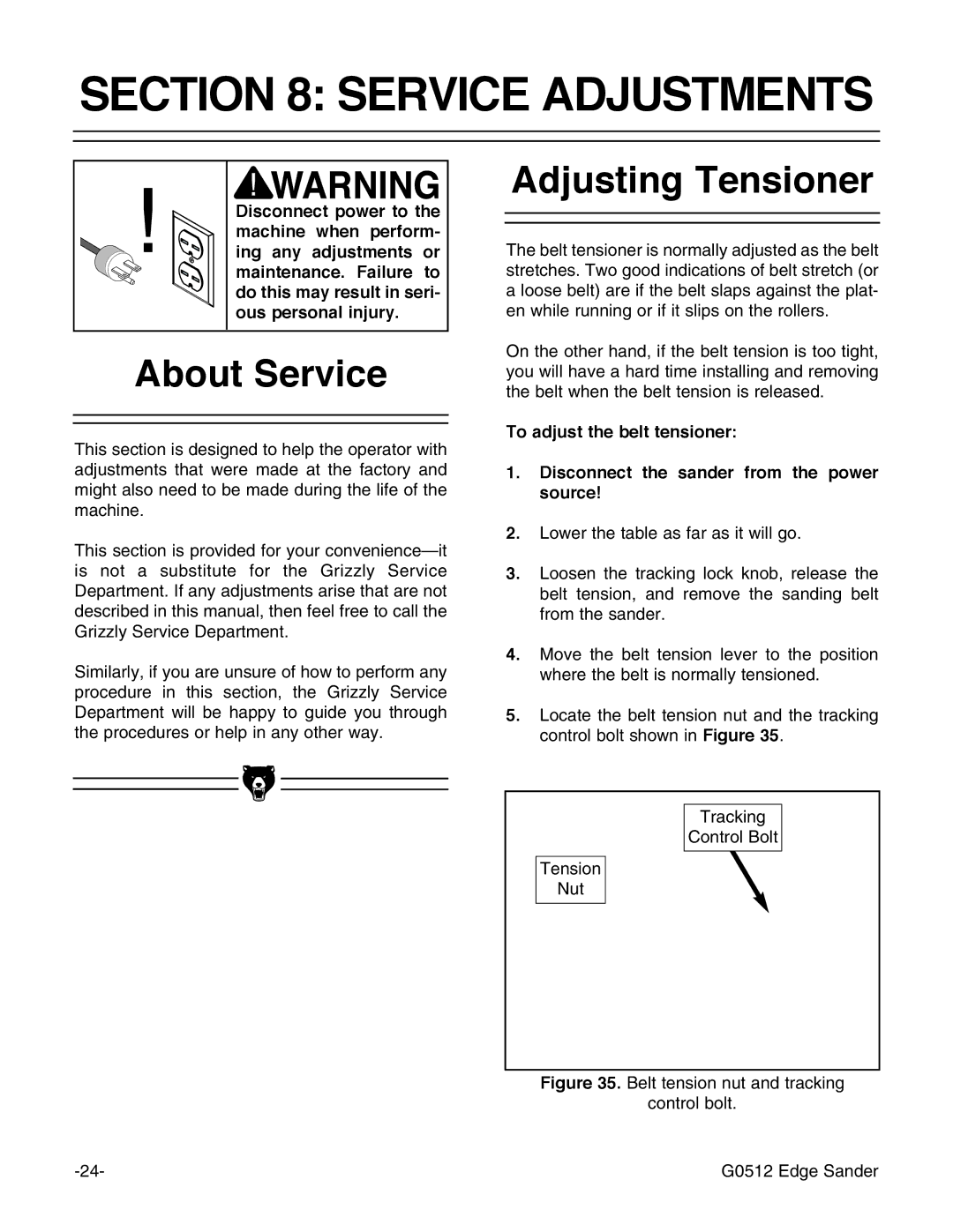 Grizzly G0512 instruction manual Service Adjustments, About Service, Adjusting Tensioner 