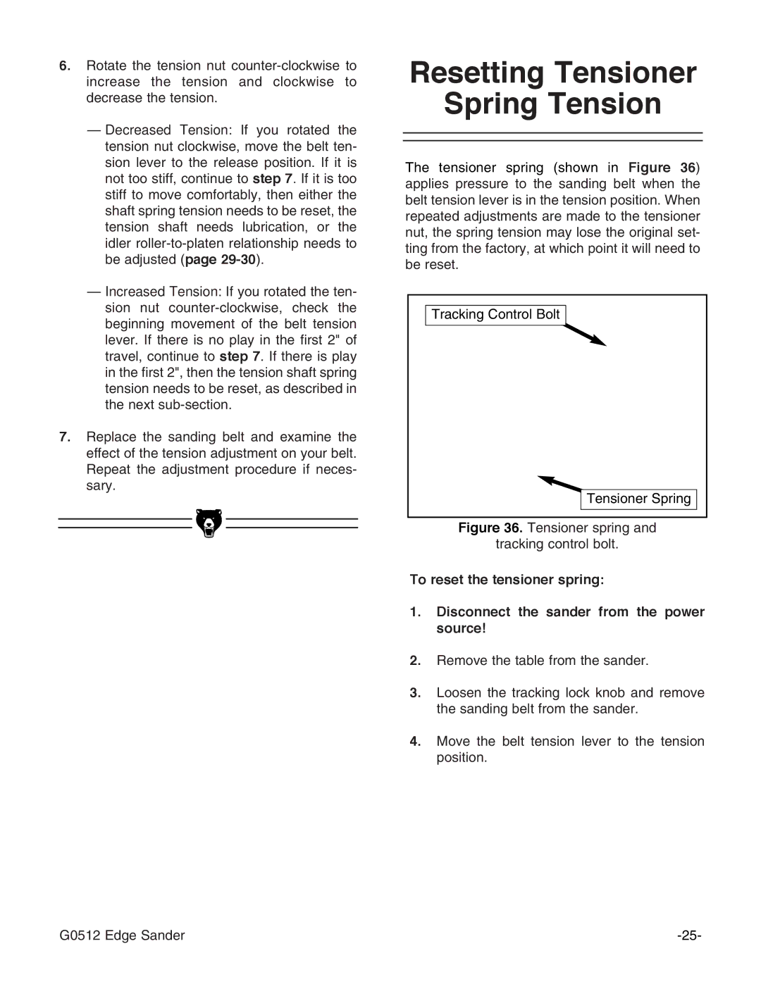 Grizzly G0512 instruction manual Resetting Tensioner Spring Tension, Tensioner spring Tracking control bolt 