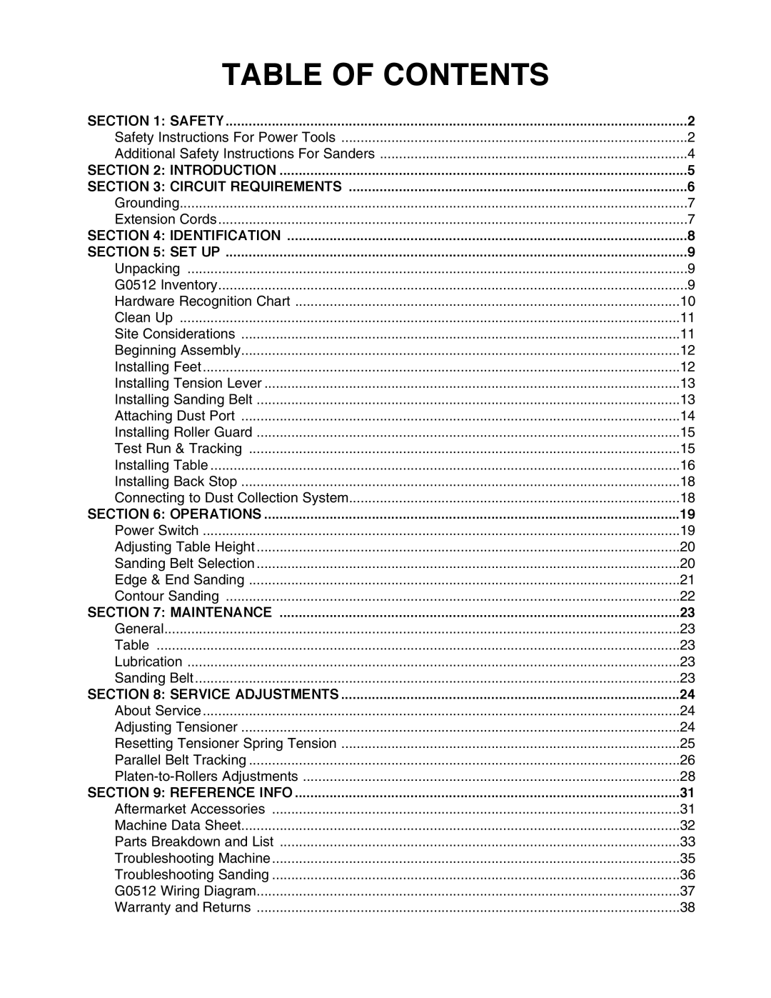 Grizzly G0512 instruction manual Table of Contents 