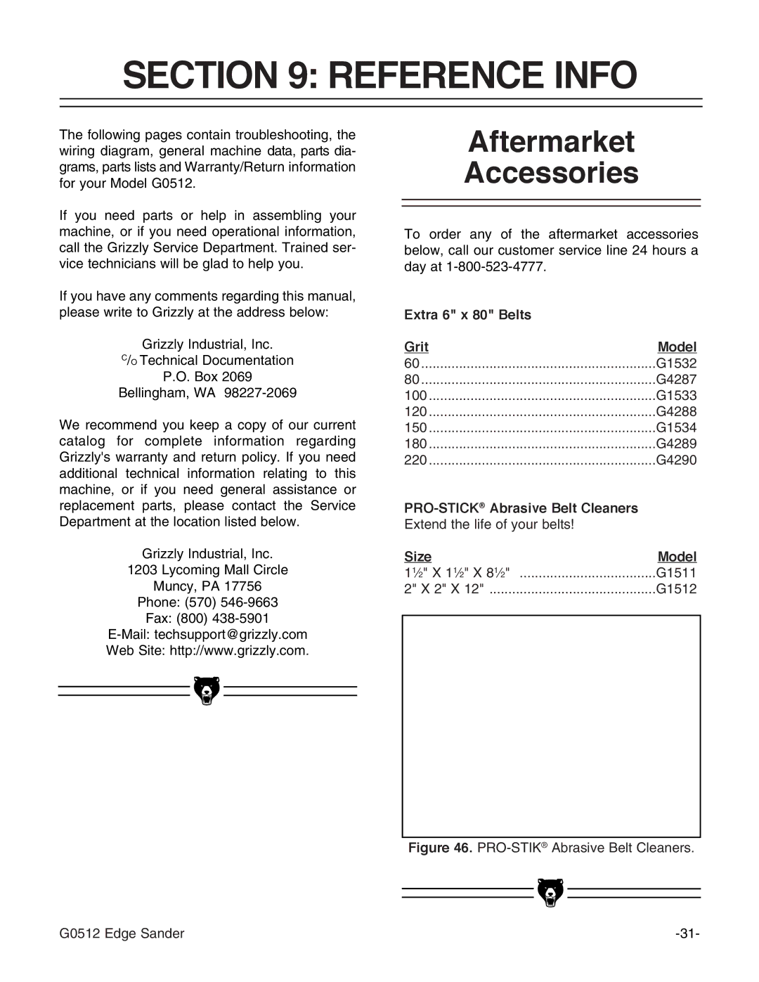 Grizzly G0512 Reference Info, Aftermarket Accessories, Extra 6 x 80 Belts Grit Model, PRO-STICKAbrasive Belt Cleaners 