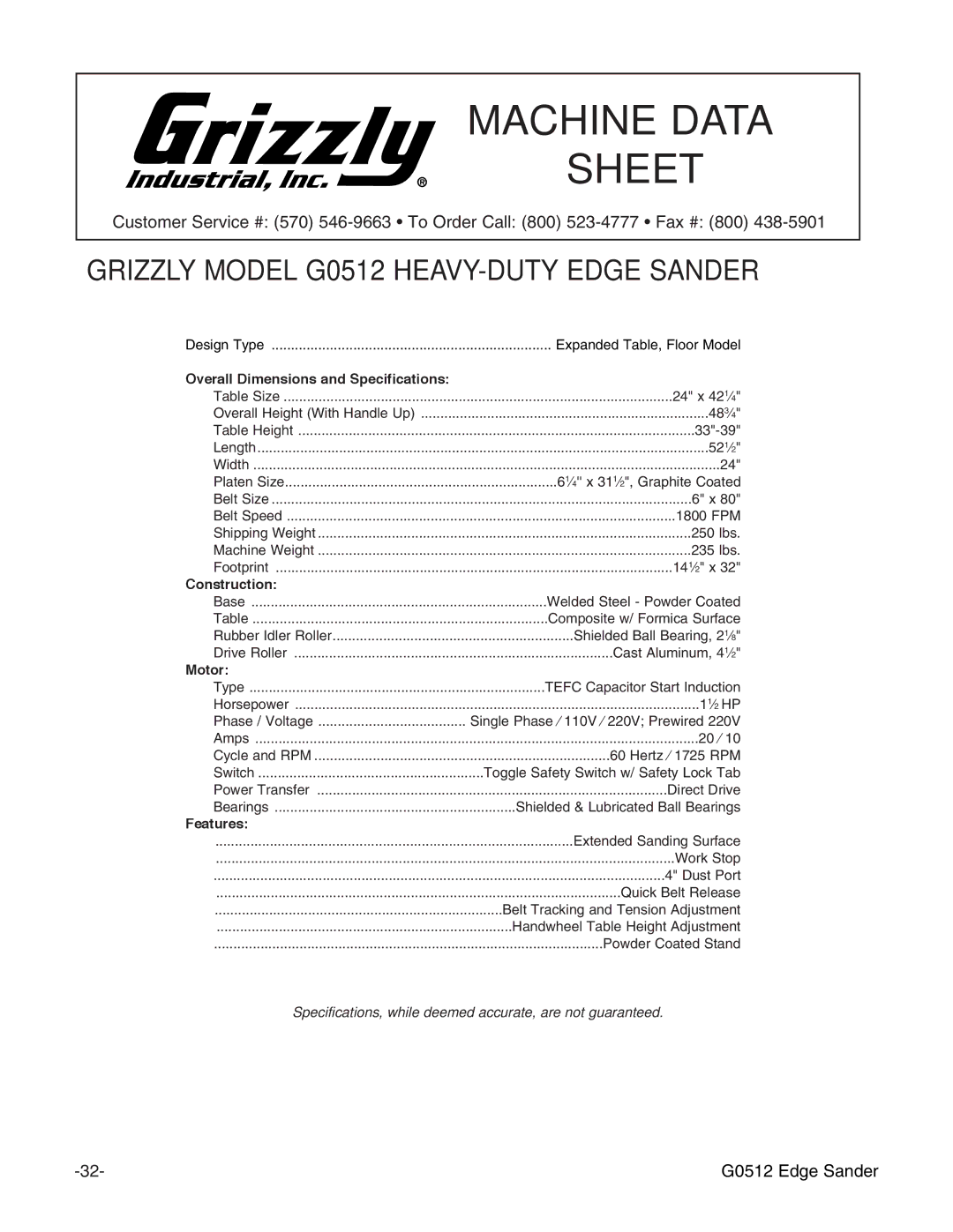 Grizzly G0512 instruction manual Machine Data Sheet 