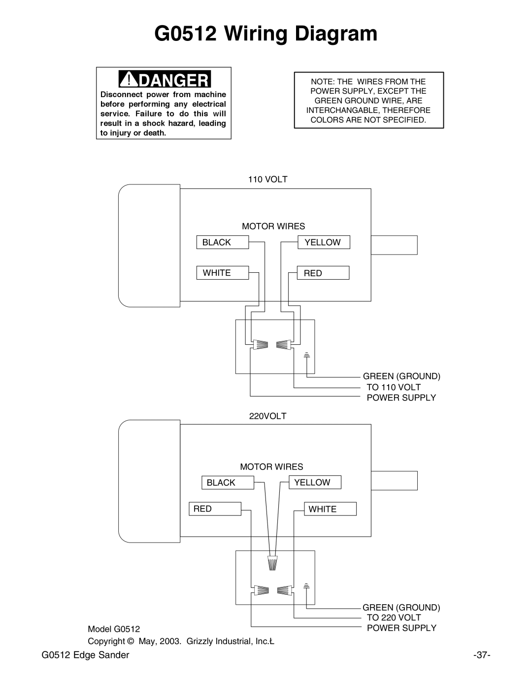 Grizzly instruction manual G0512 Wiring Diagram 