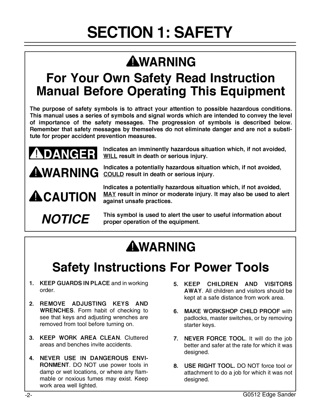 Grizzly G0512 instruction manual Safety Instructions For Power Tools 