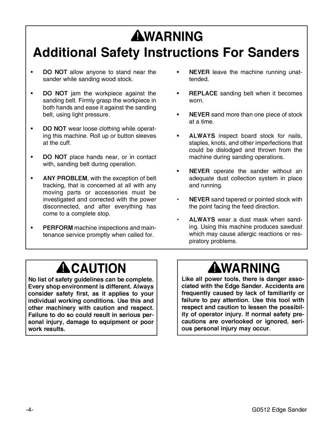 Grizzly G0512 instruction manual Additional Safety Instructions For Sanders 