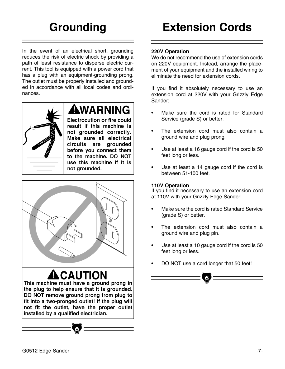 Grizzly G0512 instruction manual Grounding Extension Cords, 110V Operation 