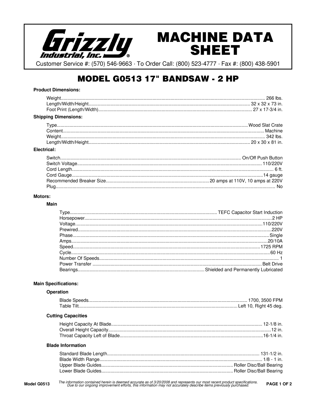 Grizzly specifications Machine Data Sheet, Model G0513 17 Bandsaw 2 HP 