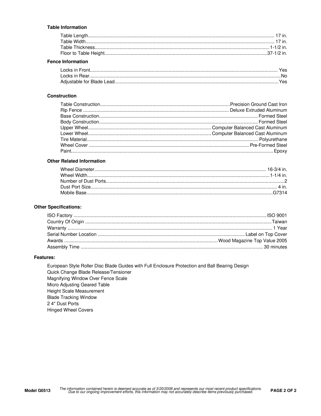 Grizzly G0513 Table Information, Fence Information, Construction, Other Related Information, Other Specifications 