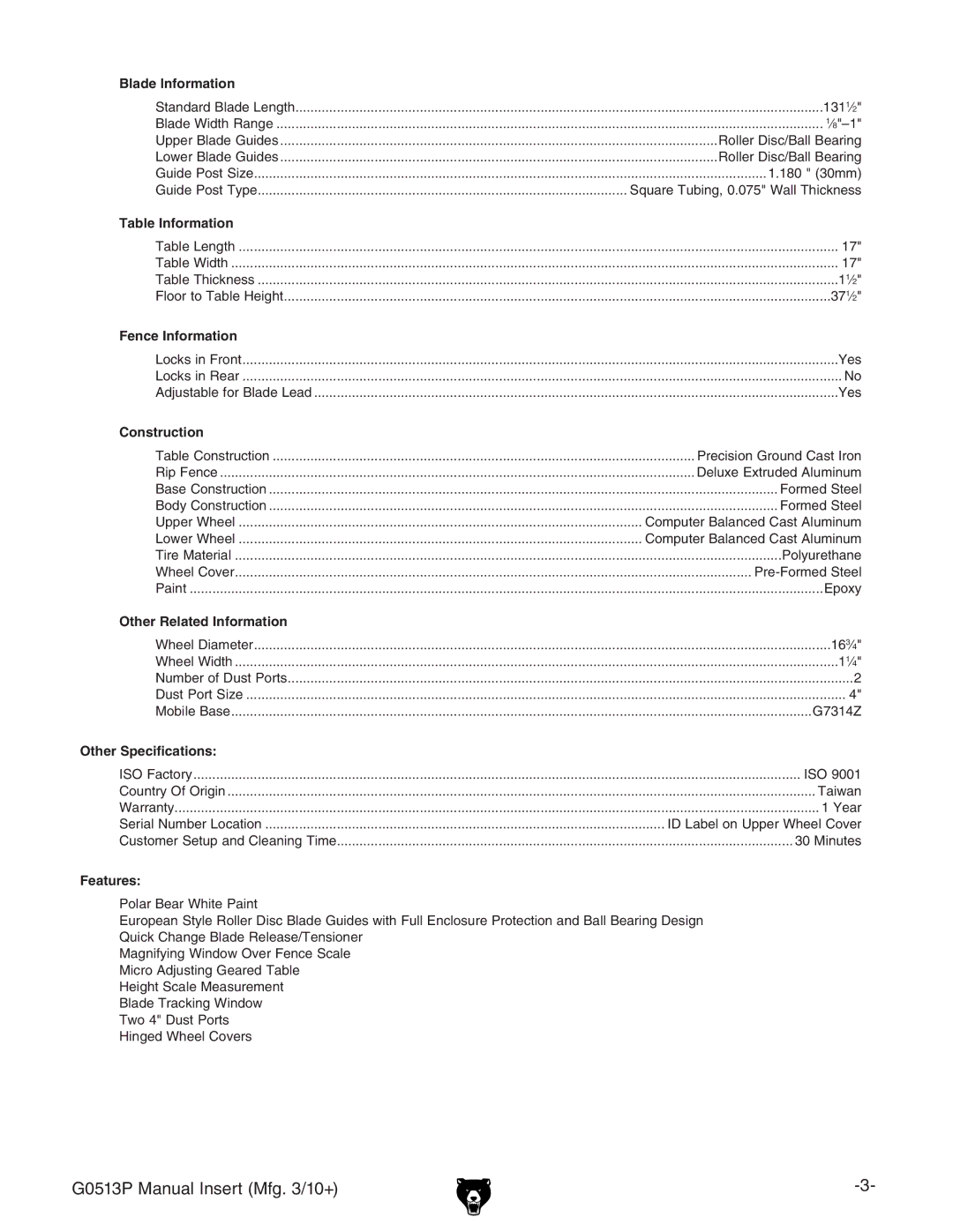 Grizzly G0513P Blade Information, Table Information, Fence Information, Construction, Other Related Information, Features 