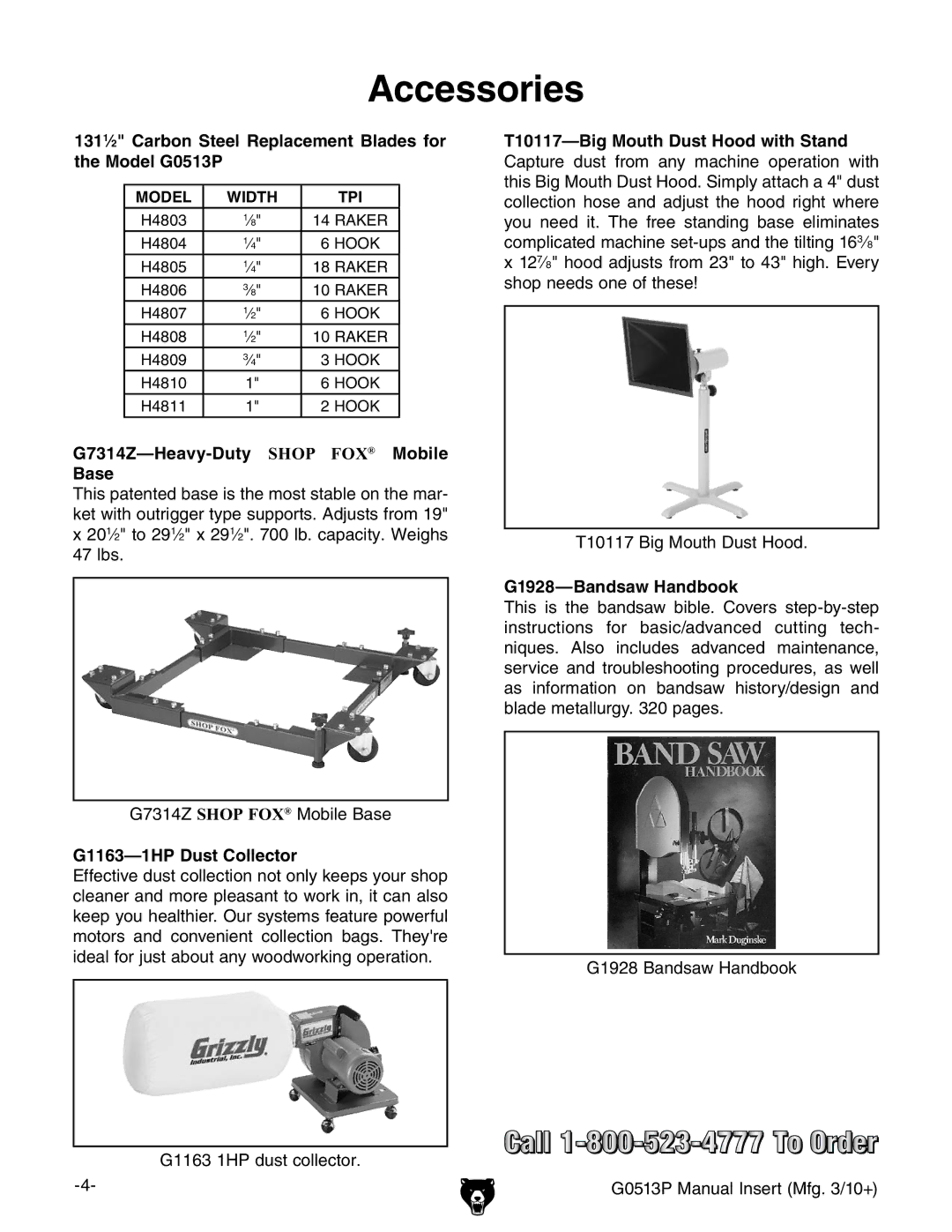 Grizzly G0513P manual Accessories 