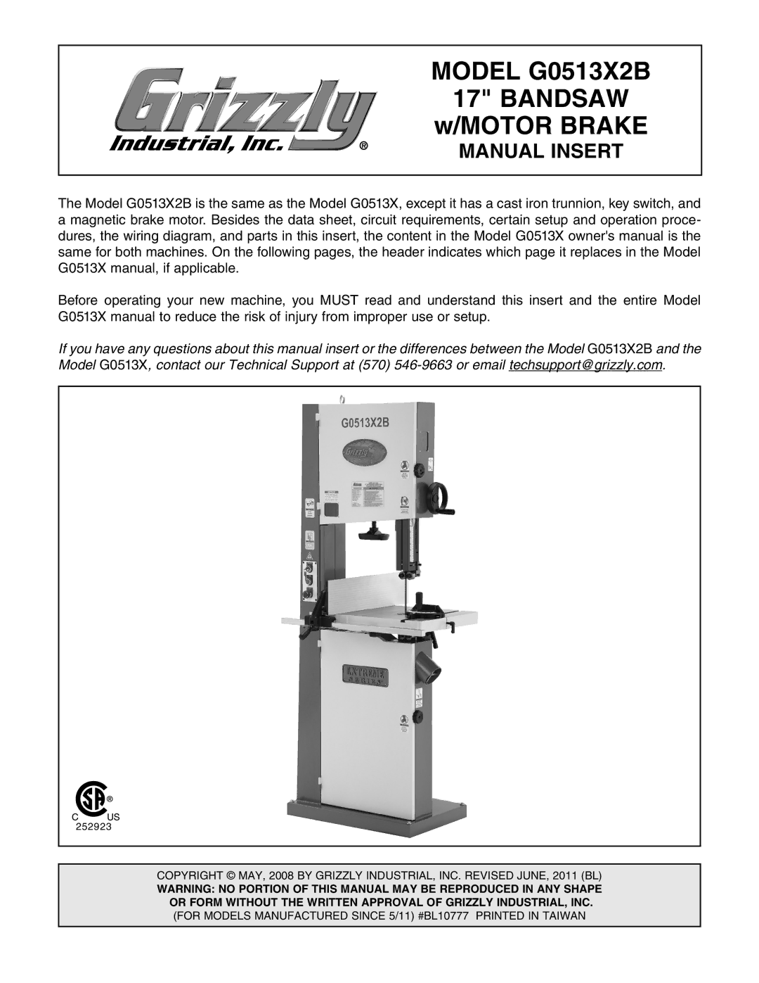 Grizzly manual Model G0513X2B Bandsaw 