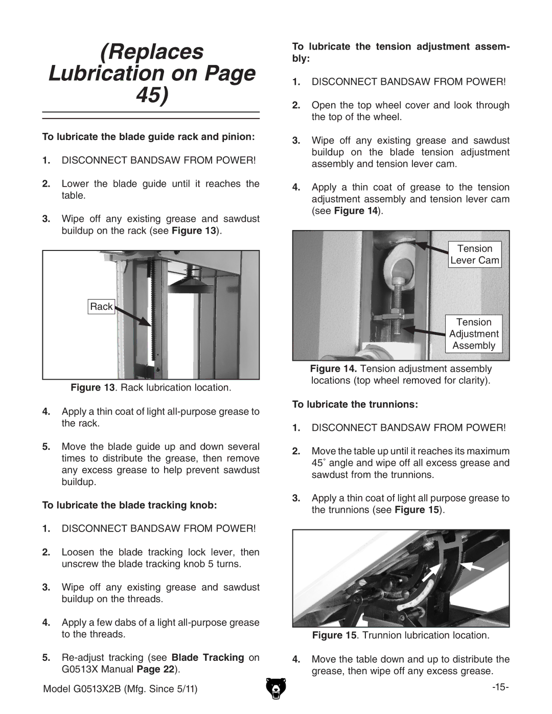 Grizzly G0513X2B manual Replaces Lubrication on, To lubricate the blade guide rack and pinion, To lubricate the trunnions 