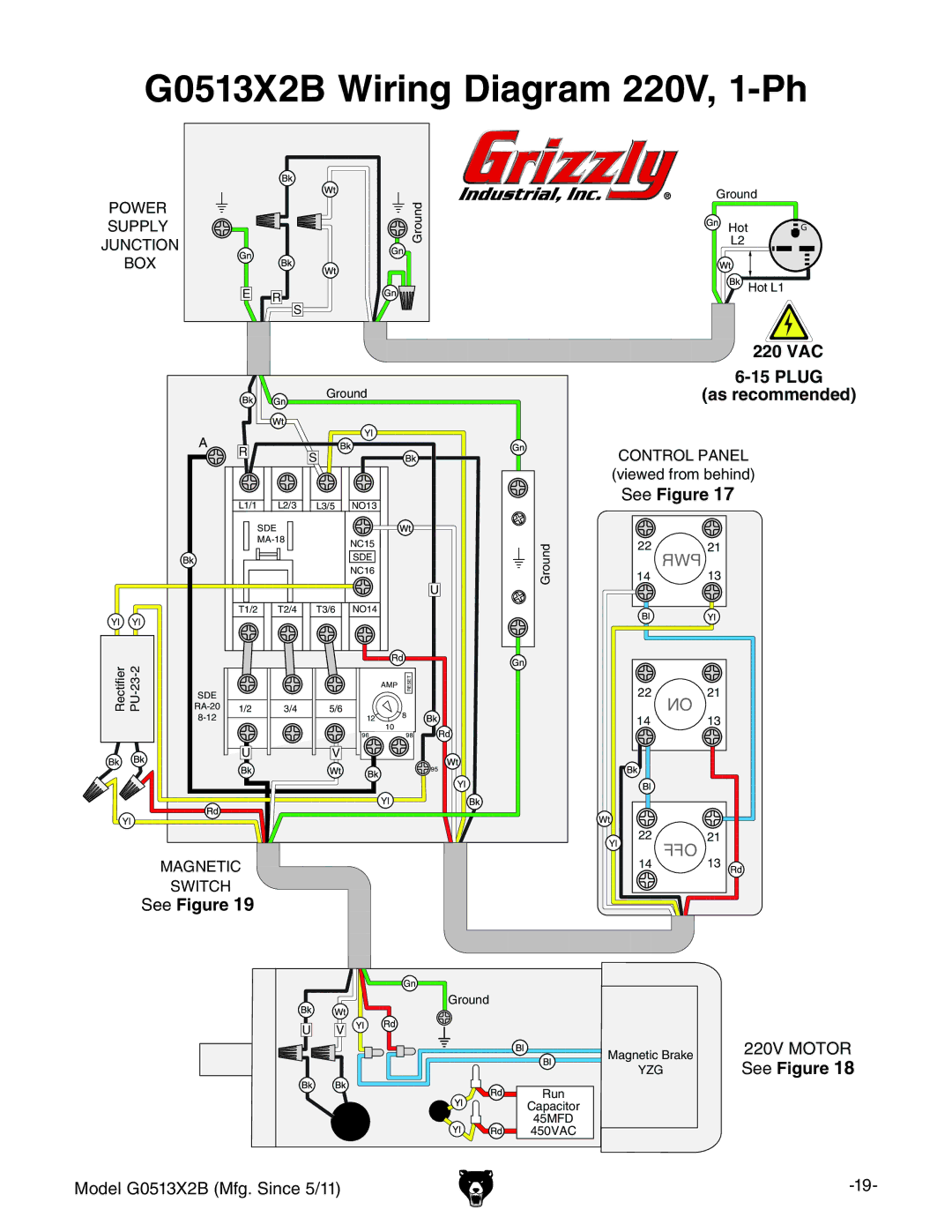 Grizzly manual G0513X2B Wiring Diagram 220V, 1-Ph, 220 VAC, Plug, As recommended, See Figure 