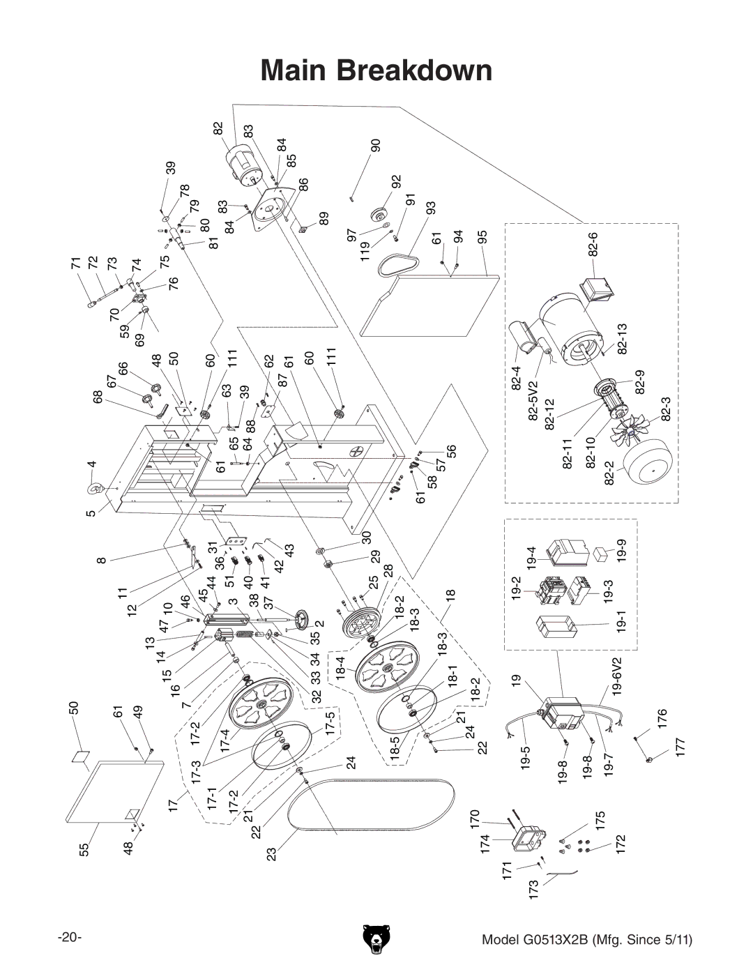 Grizzly G0513X2B manual Main Breakdown 