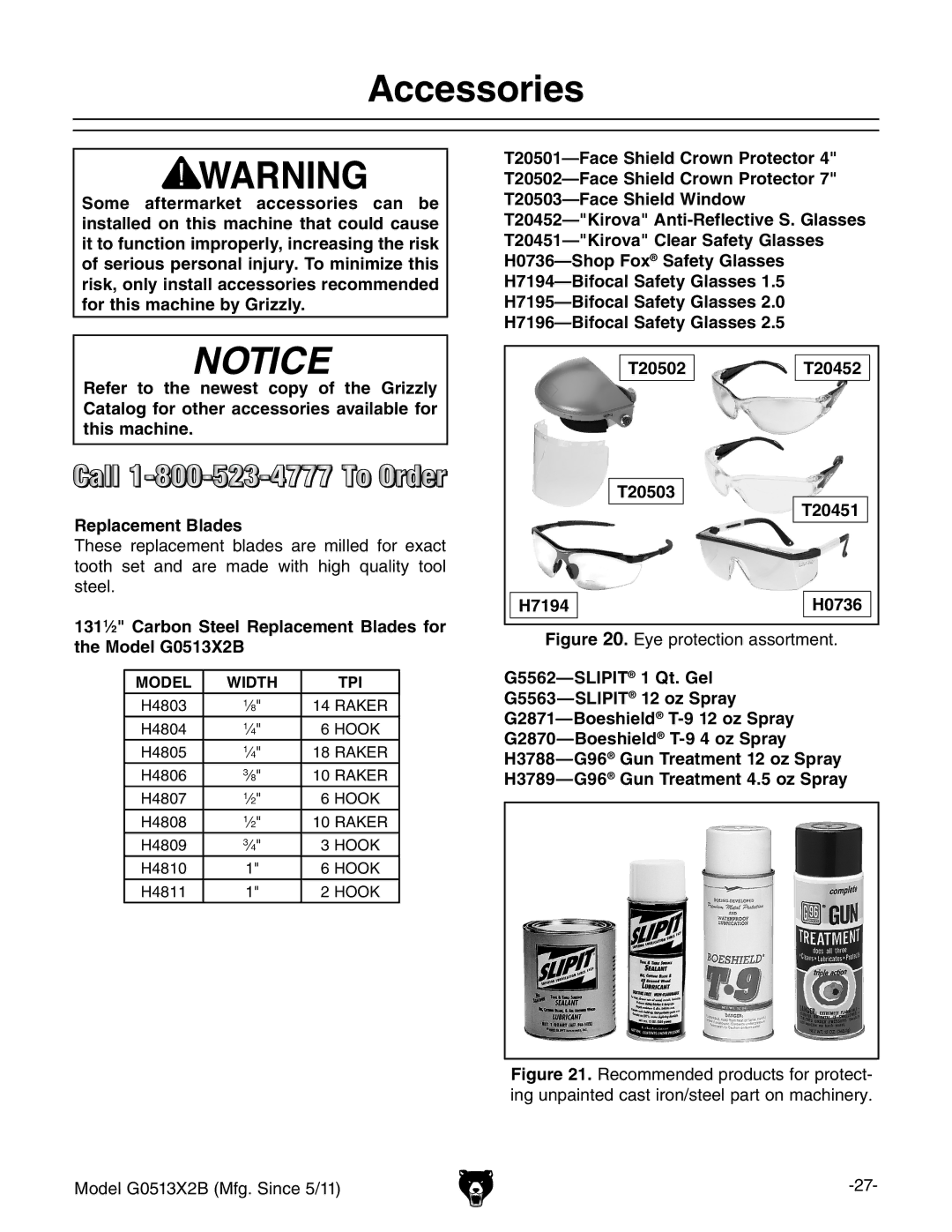 Grizzly G0513X2B manual Accessories, Eye protection assortment 