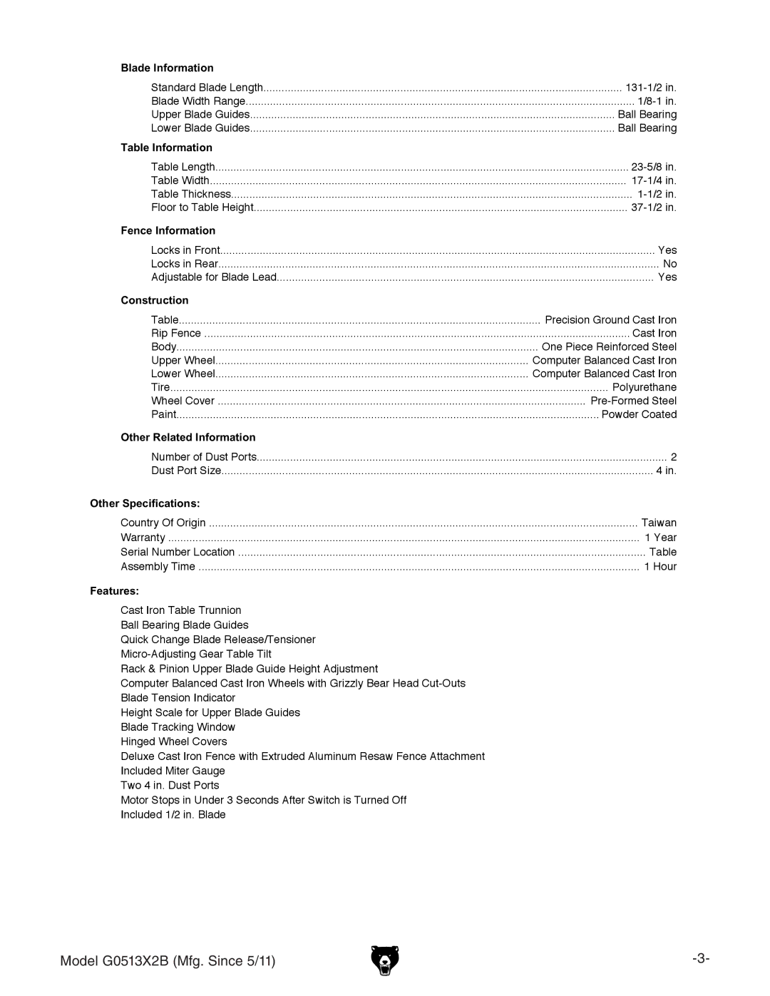 Grizzly G0513X2B manual Table Information 