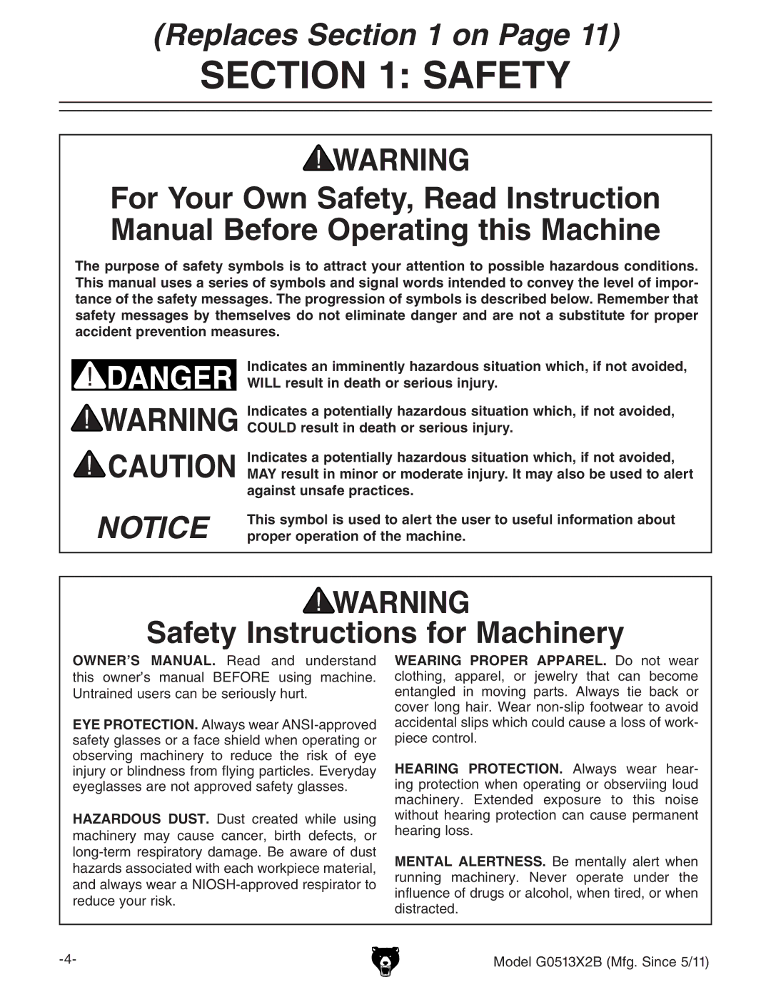 Grizzly G0513X2B manual Replaces on, Safety Instructions for Machinery 