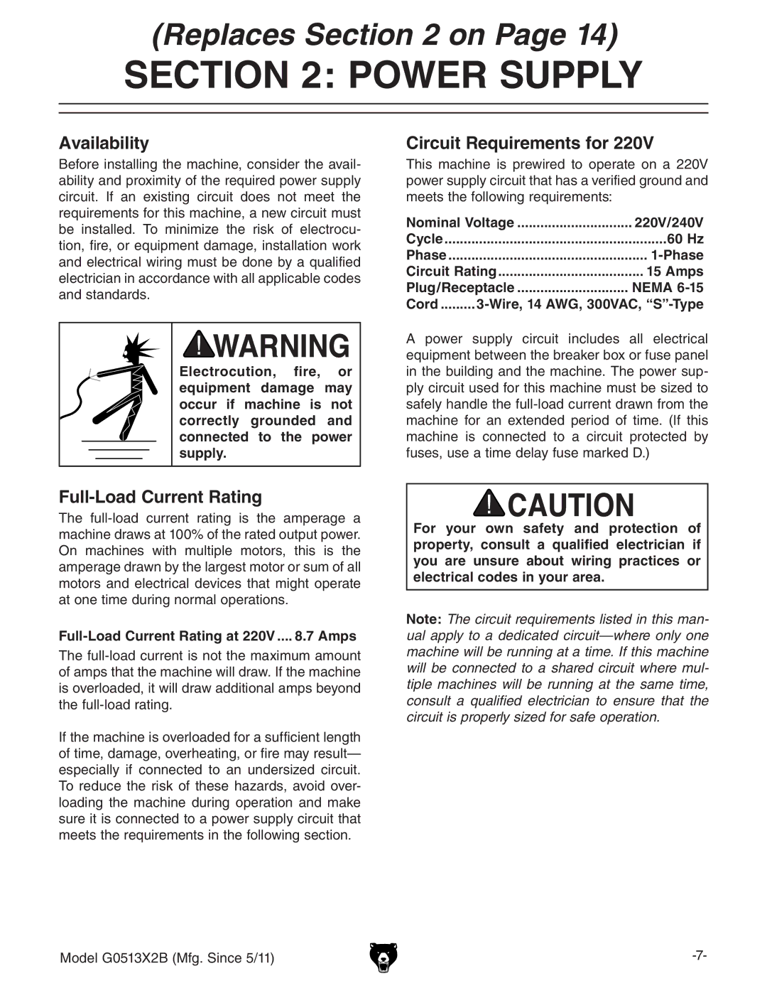 Grizzly G0513X2B manual Full-Load Current Rating at 220V.... .7 Amps, Nominal Voltage 220V/240V, 60 Hz, Phase 