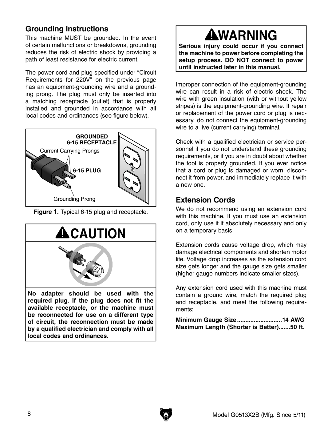 Grizzly G0513X2B manual Minimum Gauge Size 14 AWG, 50 ft 