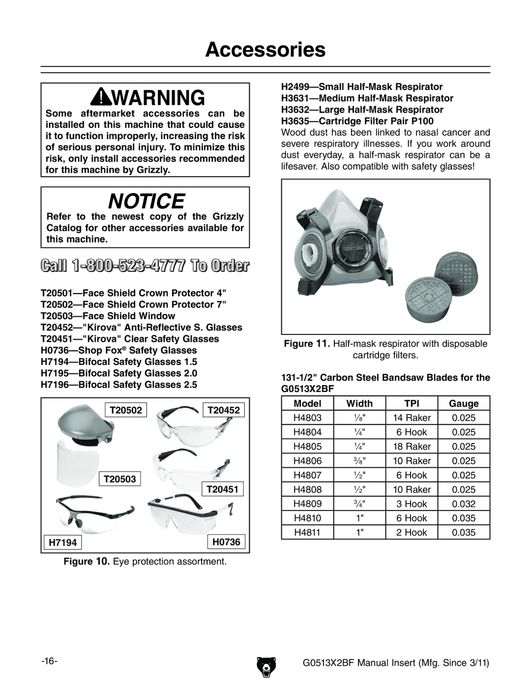 Grizzly G0513X2BF manual Accessories, Tpi, Gauge 