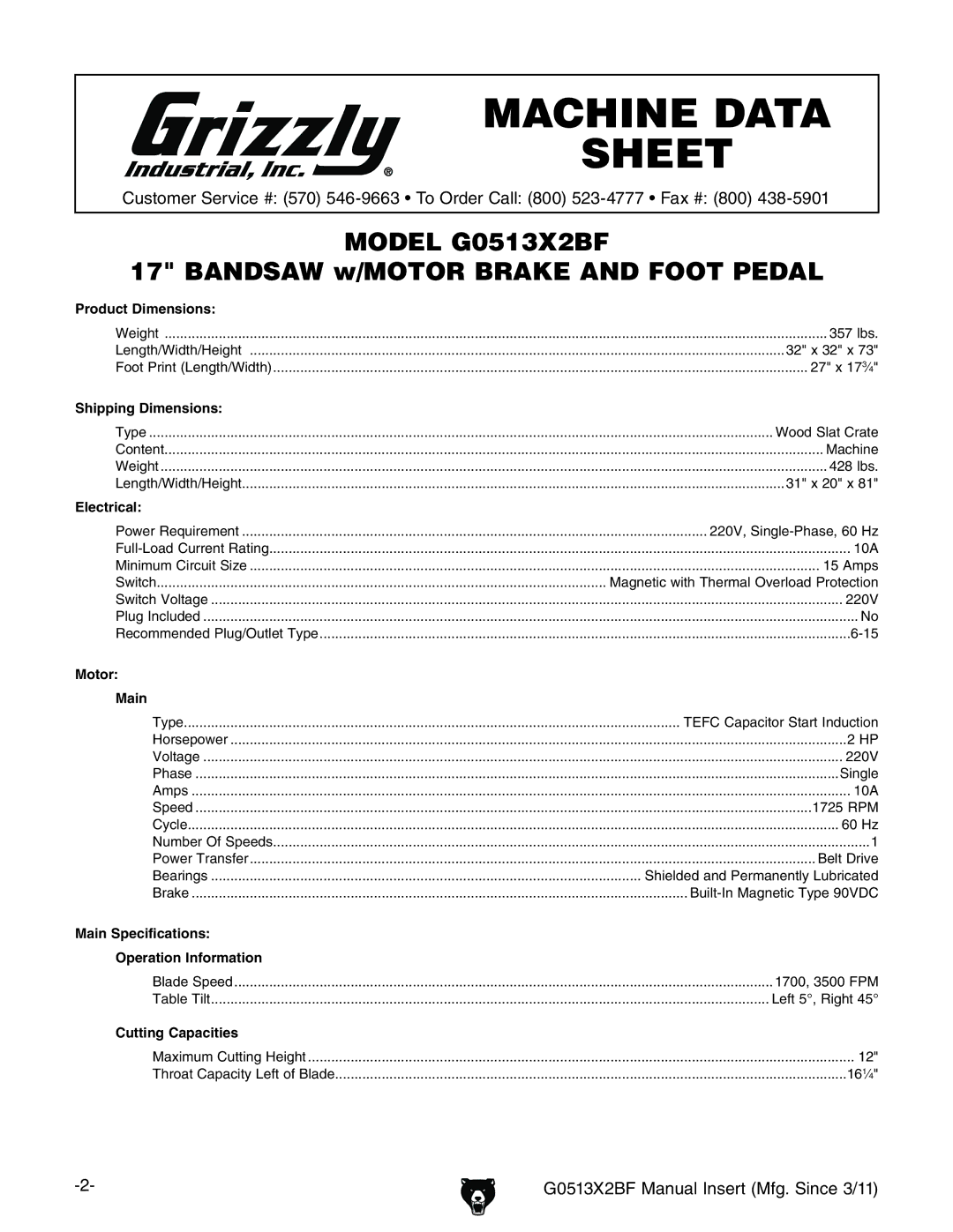 Grizzly G0513X2BF manual Machine Data Sheet 