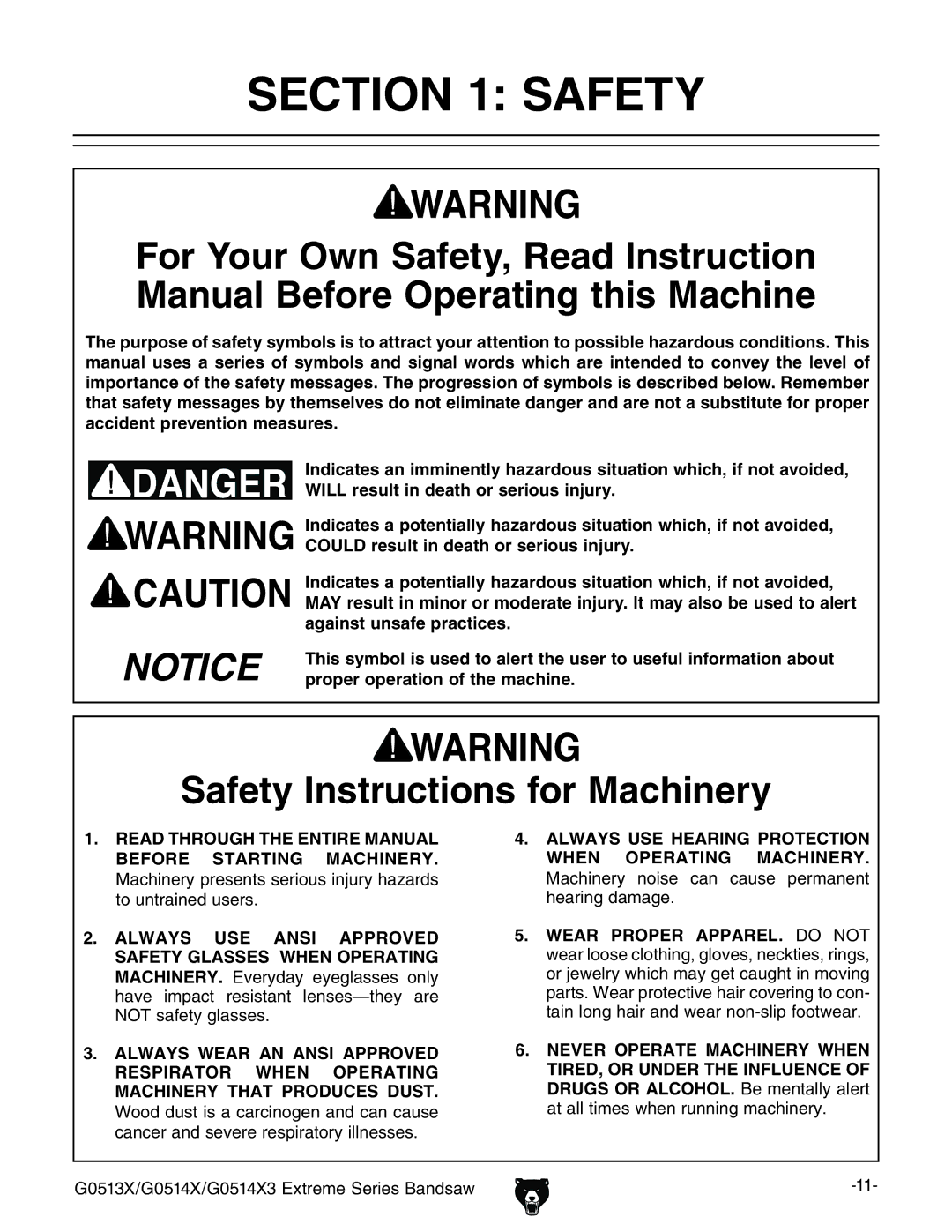 Grizzly G0513X2BF manual #4/. 3!&%49, 3AFETYYNSTRUCTIONS for -ACHINERY 