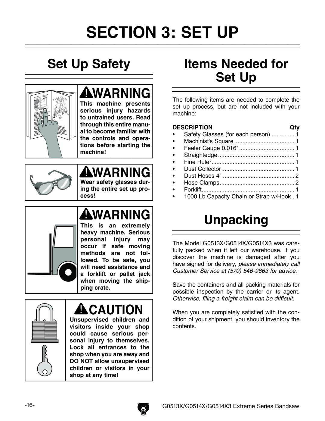 Grizzly G0513X2BF manual #4/. 3%4, 3ETT5P 3AFETY, 5NPACKING, Cess  