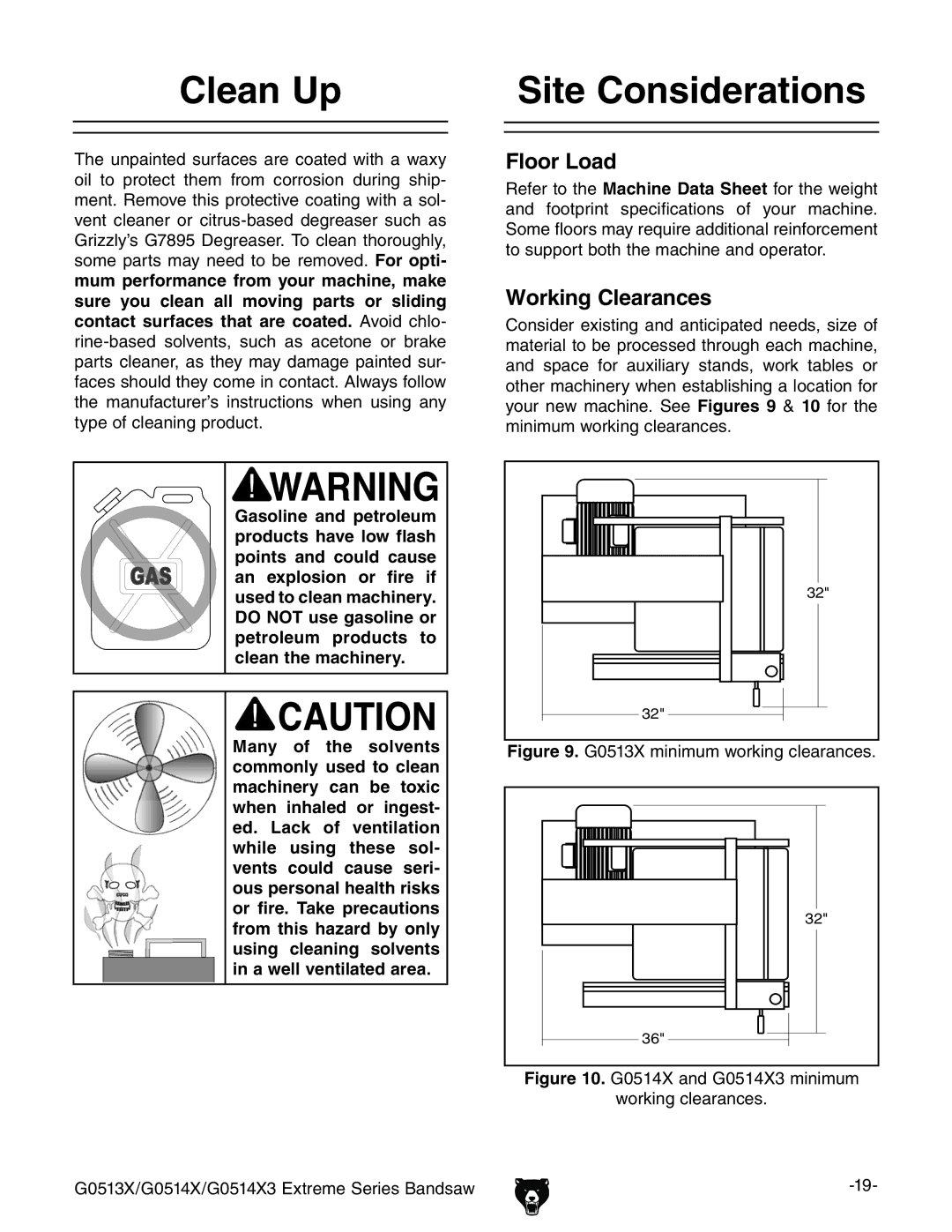 Grizzly G0513X2BF manual #LEAN 5P, 3ITE #ONSIDERATIONS, Looro,Oad, 7ORKINGK#LEARANCES 