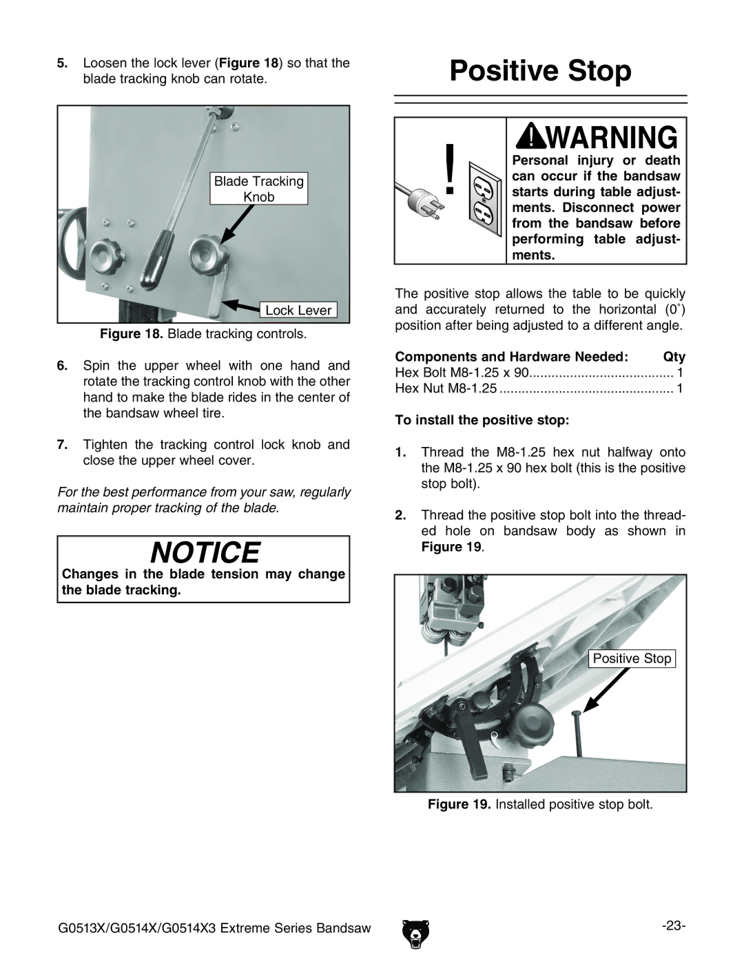 Grizzly G0513X2BF manual 0OSITIVE 3TOP, 4O Installtthehpositive STOP 