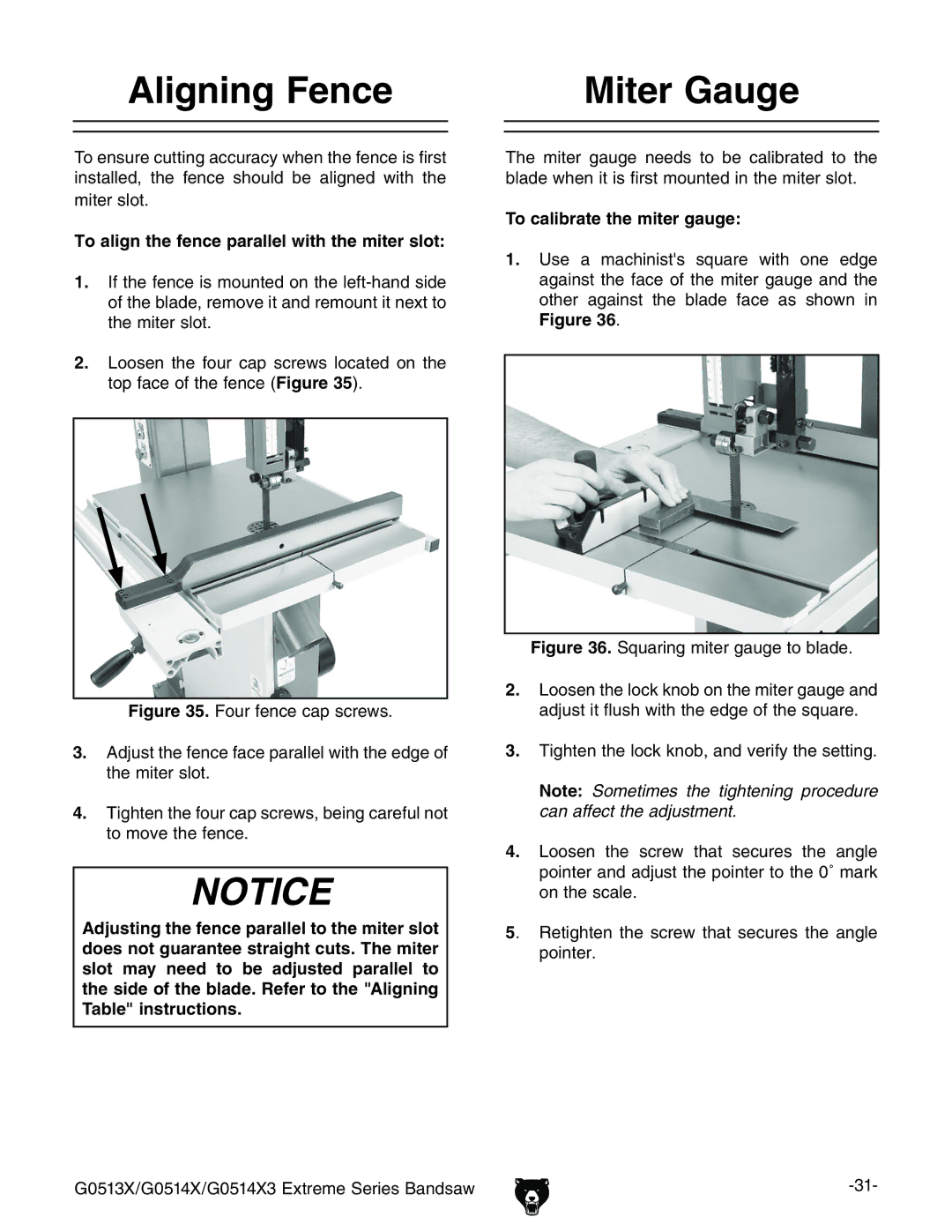 Grizzly G0513X2BF manual Ligning &ENCE, Iterrauge, 4O Calibrate the Miter GAUGE 