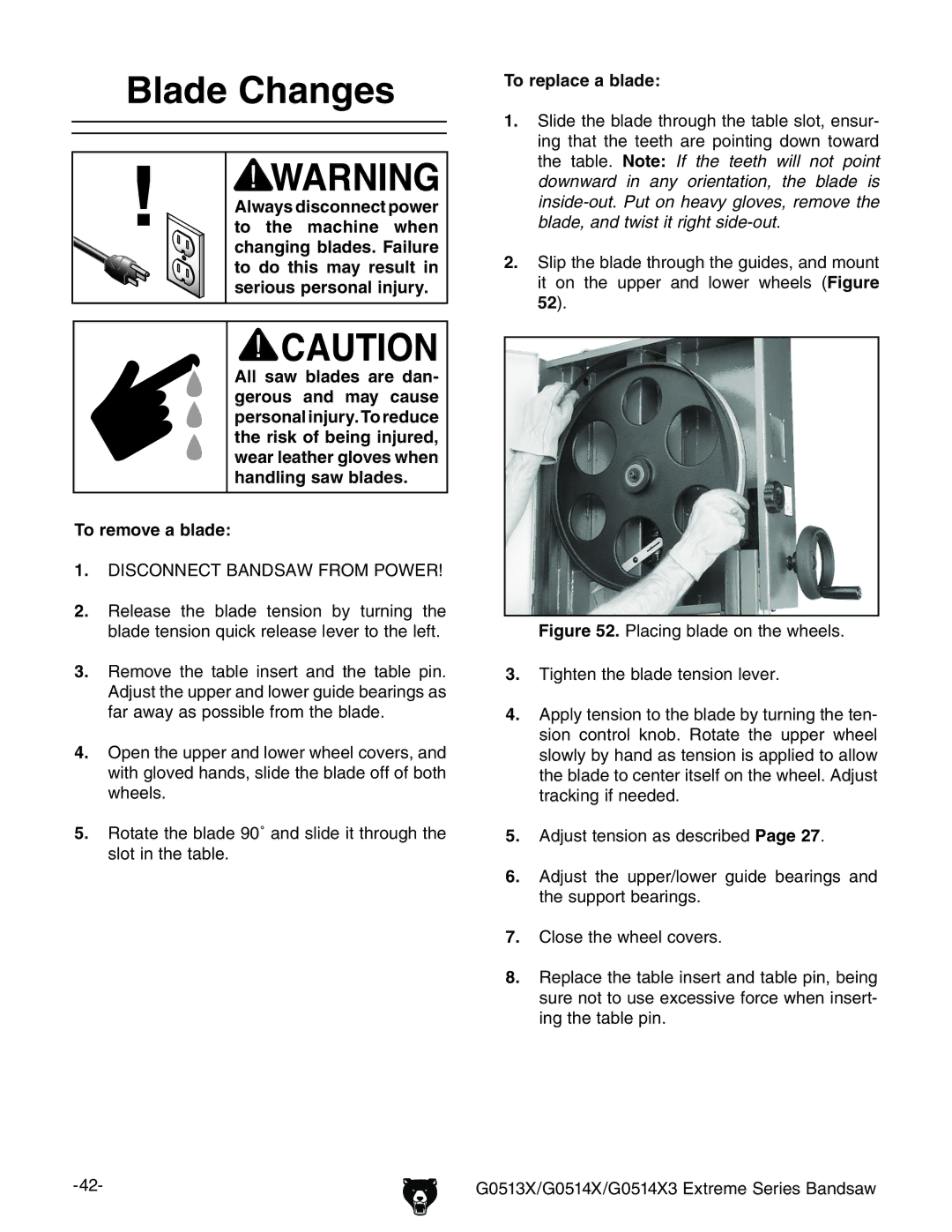 Grizzly G0513X2BF manual Ladee#Hanges, 4O REMOVEEAABLADE, 4O Replace a BLADE 