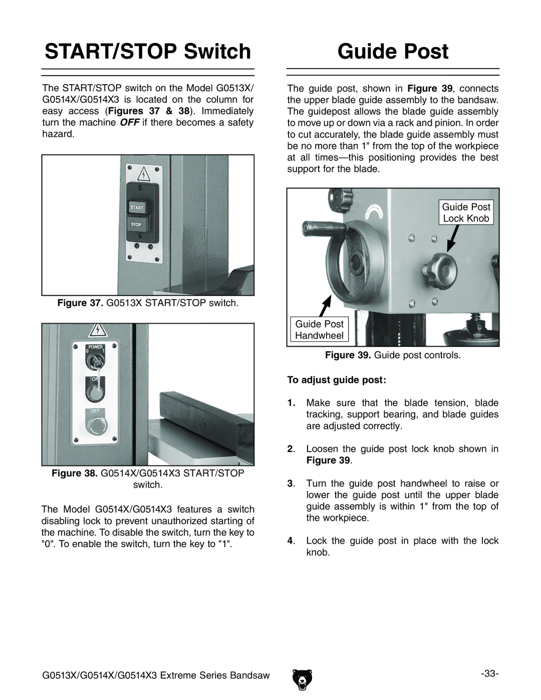 Grizzly G0513X2F manual 34!2434/0 3WITCH, Uide 0OST, 4O ADJUSTUGUIDEEPOST, Igure # 