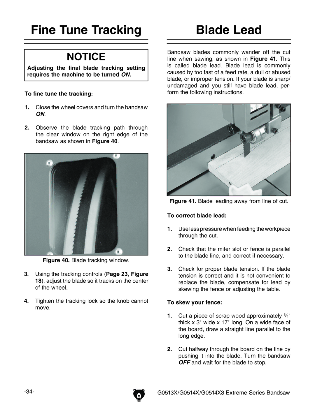 Grizzly G0513X2F manual Ladee,Ead, 4O Fine Tune THEHTRACKING, Igure 7aVYZ igVX`c\lcYdl#, 4O CORRECTRBLADEALEAD 