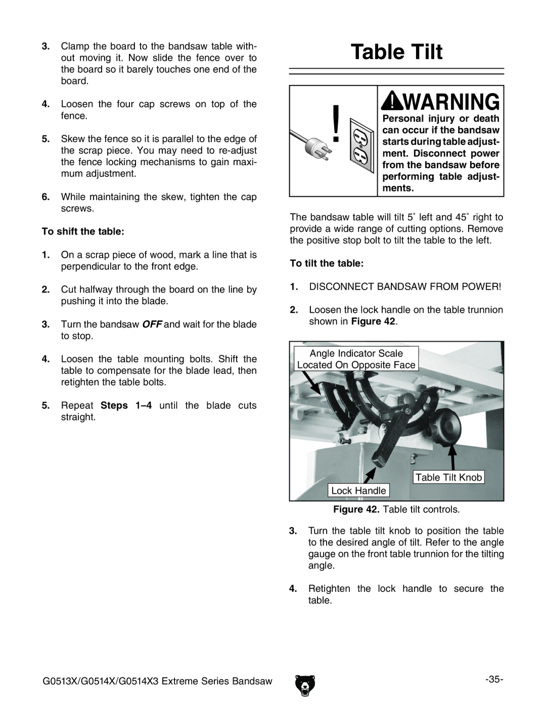 Grizzly G0513X2F manual 4ABLEL4ILT, Ments, 4O SHIFTITHEHTABLE, Tilt THEHTABLE 