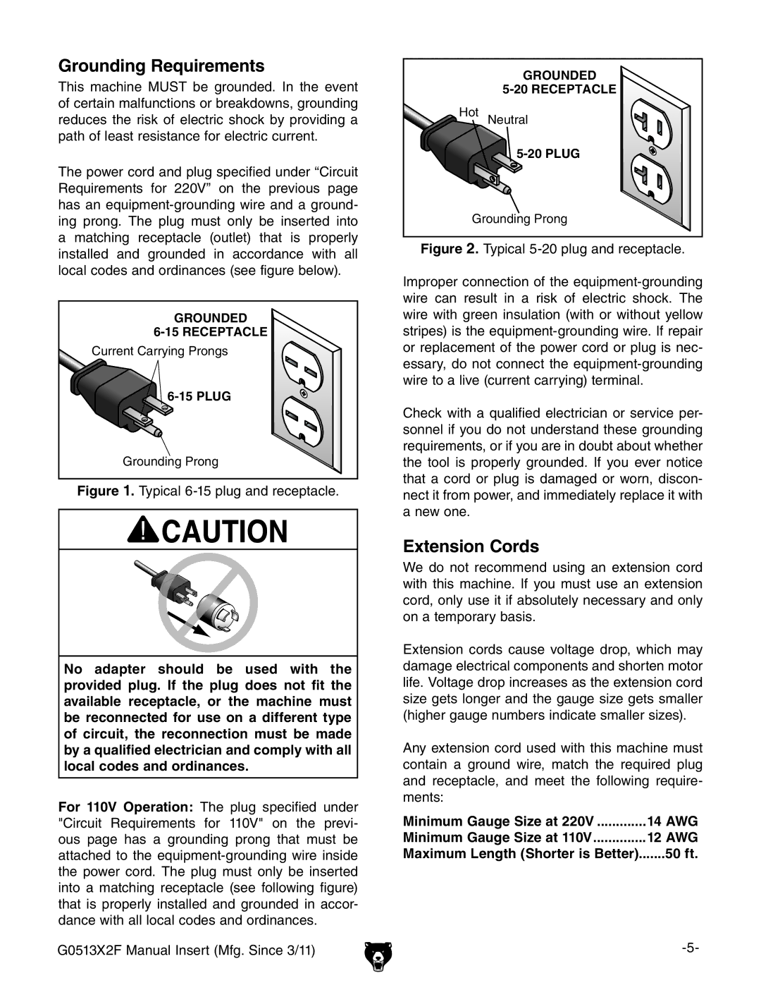 Grizzly G0513X2F manual Minimum Gauge Size at 14 AWG 12 AWG, 50 ft 