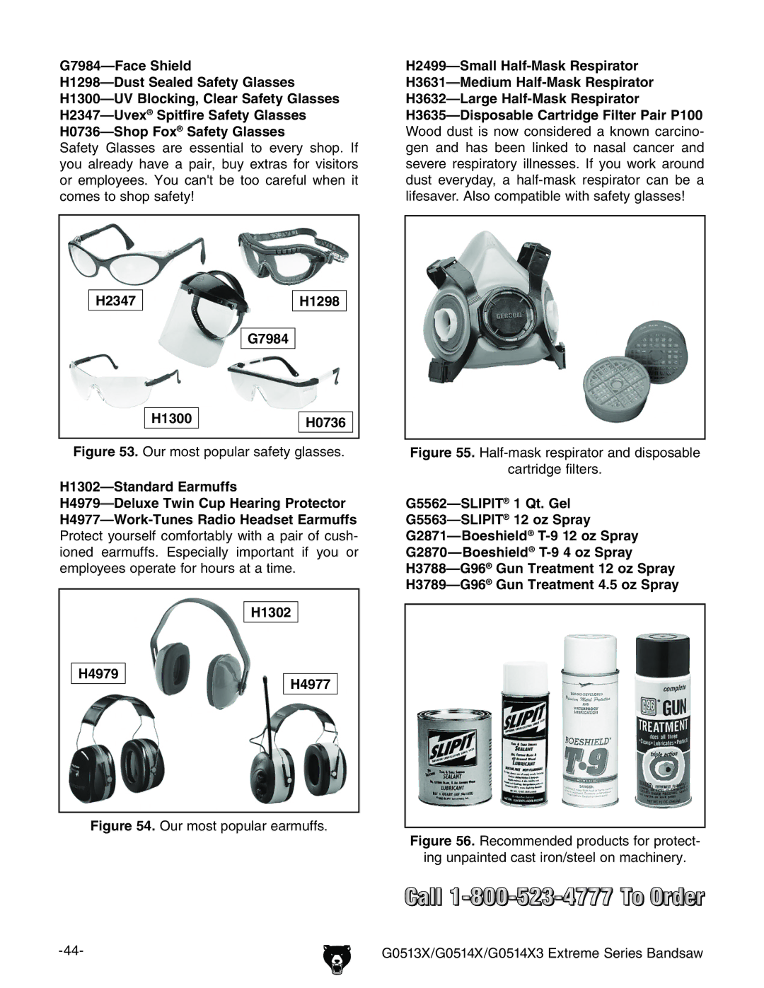 Grizzly G0513X2F manual  $UST 3EALED 3AFETY Lasses,  3TANDARD %ARMUFFS 