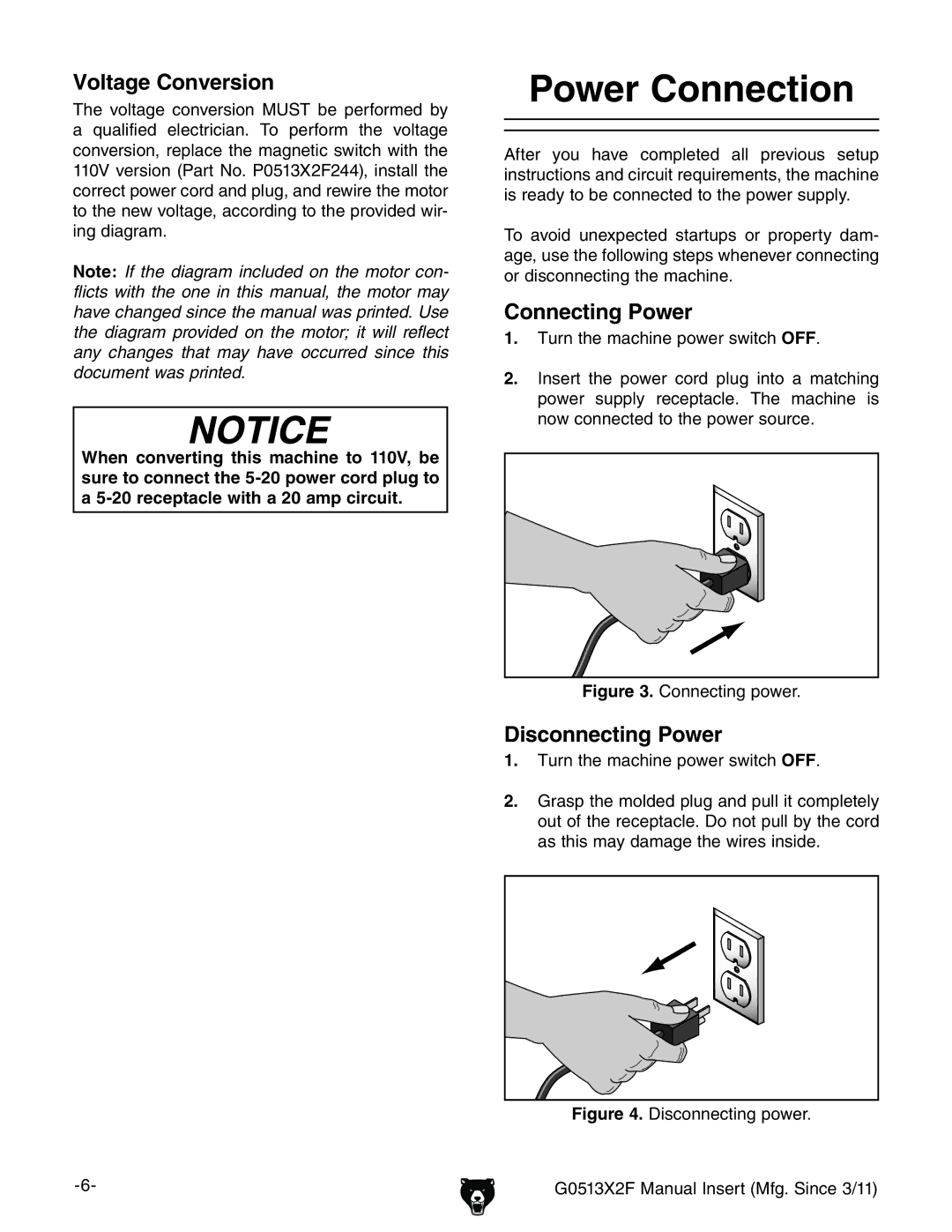 Grizzly G0513X2F manual  Power Connection,  IjgciZbVXcZedlZghliXOFF# 