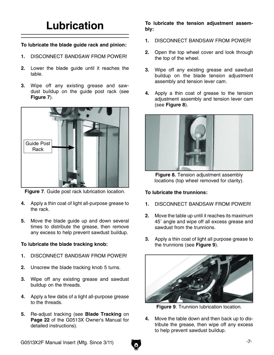 Grizzly G0513X2F Lubrication, To lubricate the blade guide rack and pinion, To lubricate the tension adjustment assem- bly 