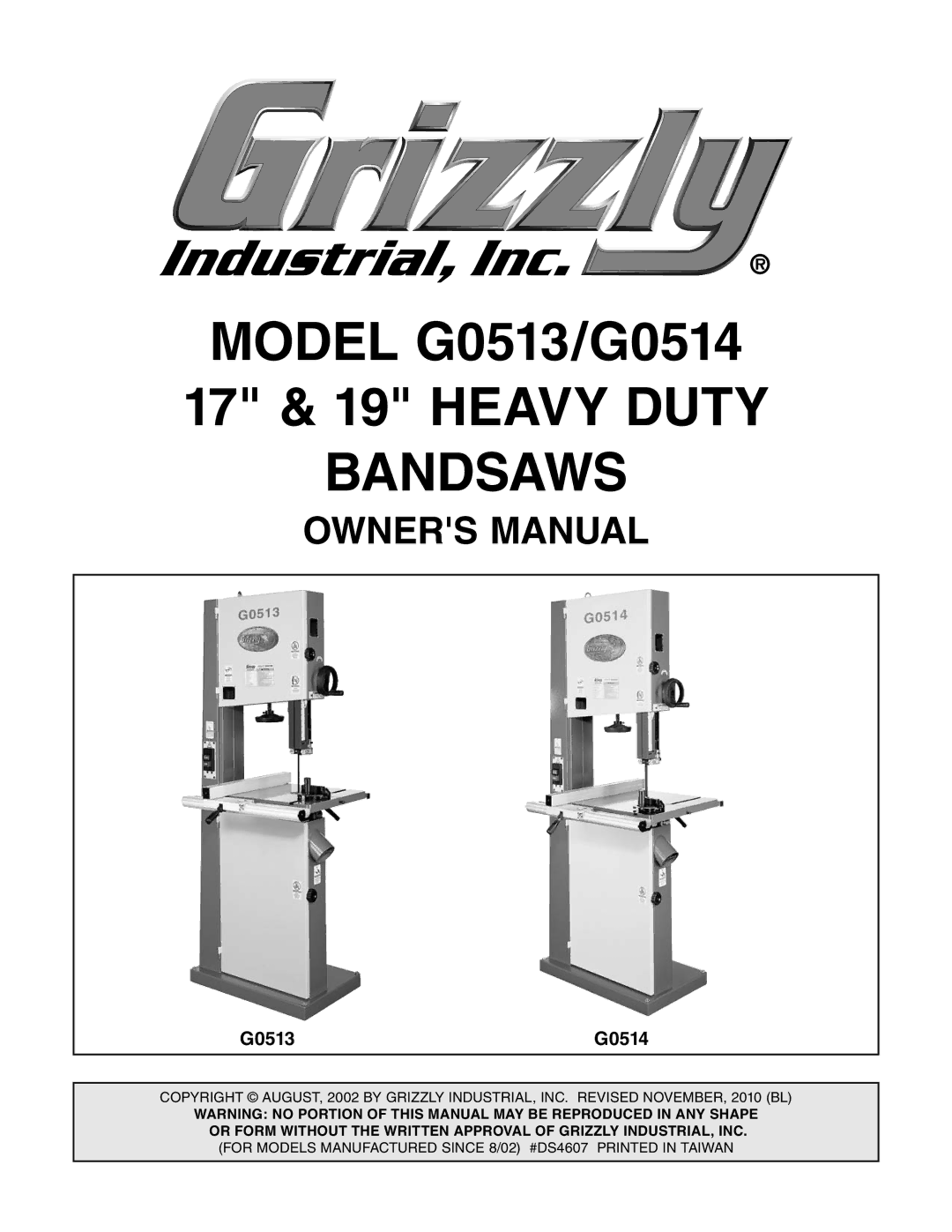 Grizzly owner manual Model G0513/G0514 17 & 19 Heavy Duty Bandsaws 