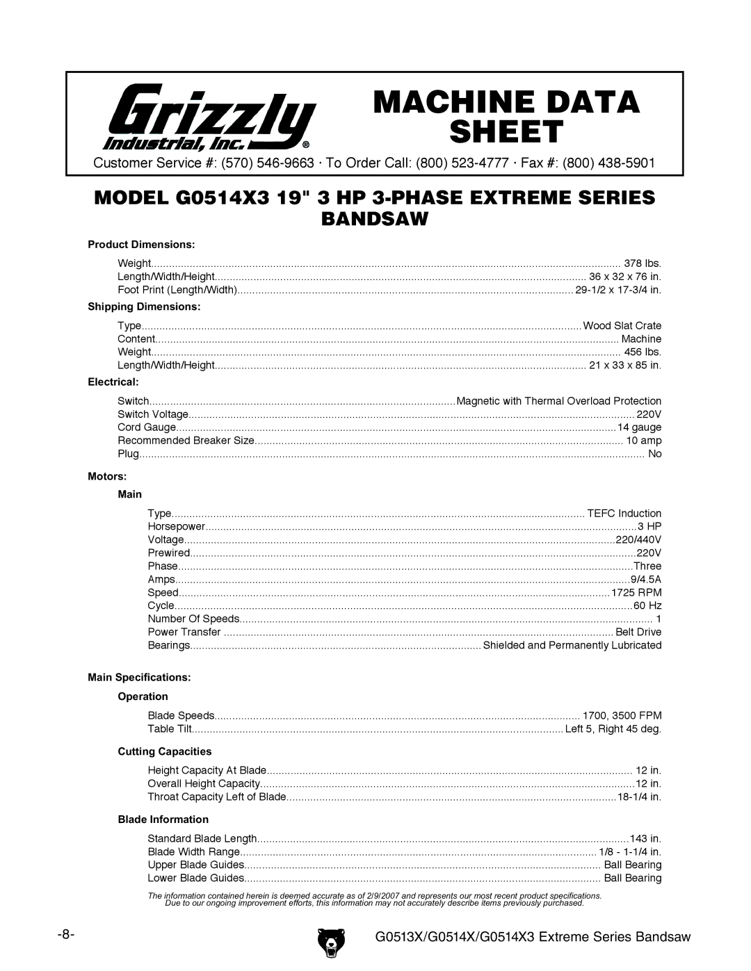 Grizzly G0513X owner manual G0514X3 Machine Data Sheet 