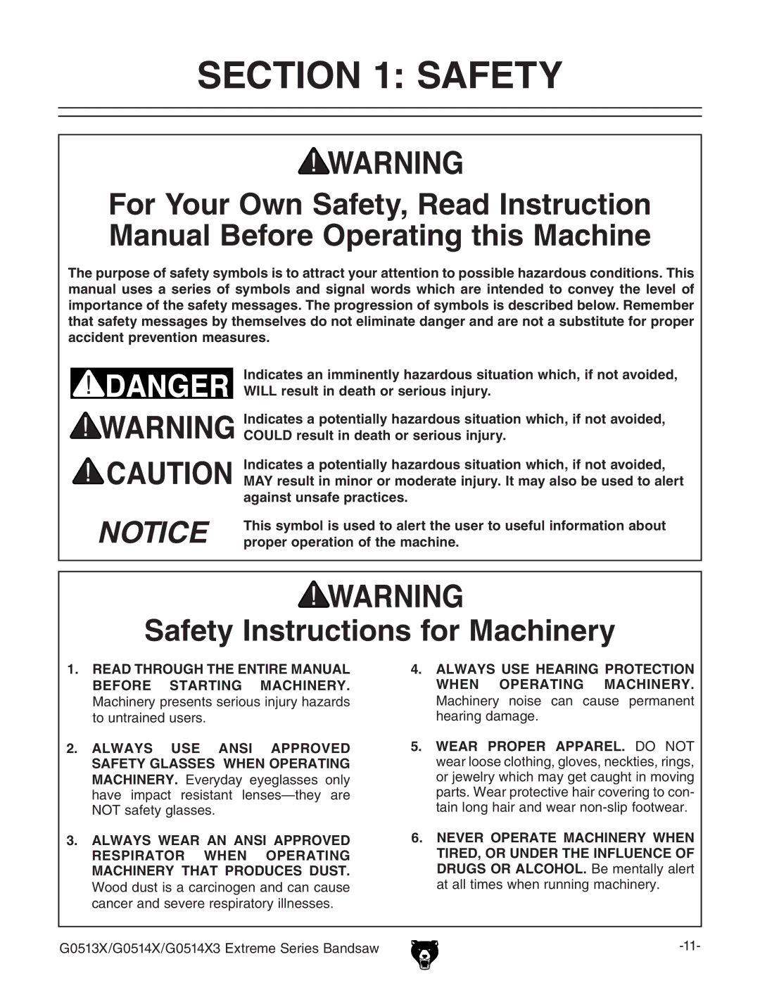 Grizzly G0513X, G0514X3 owner manual Safety Instructions for Machinery 