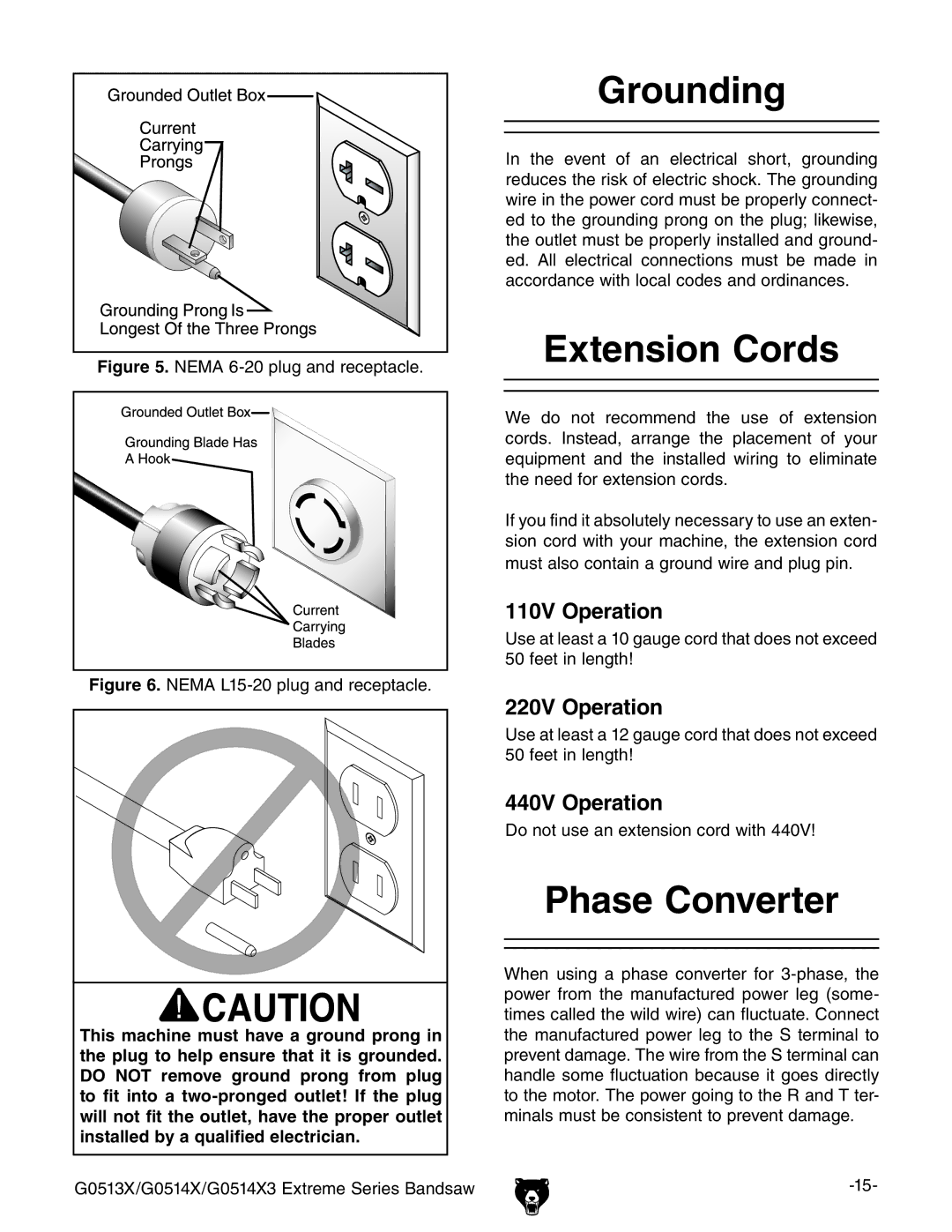 Grizzly G0514X3, G0513X owner manual Grounding, Extension Cords, Phase Converter 