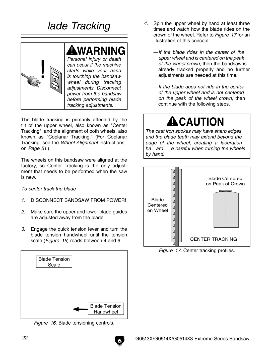 Grizzly G0513X, G0514X3 owner manual Blade Tracking, To center track the blade 