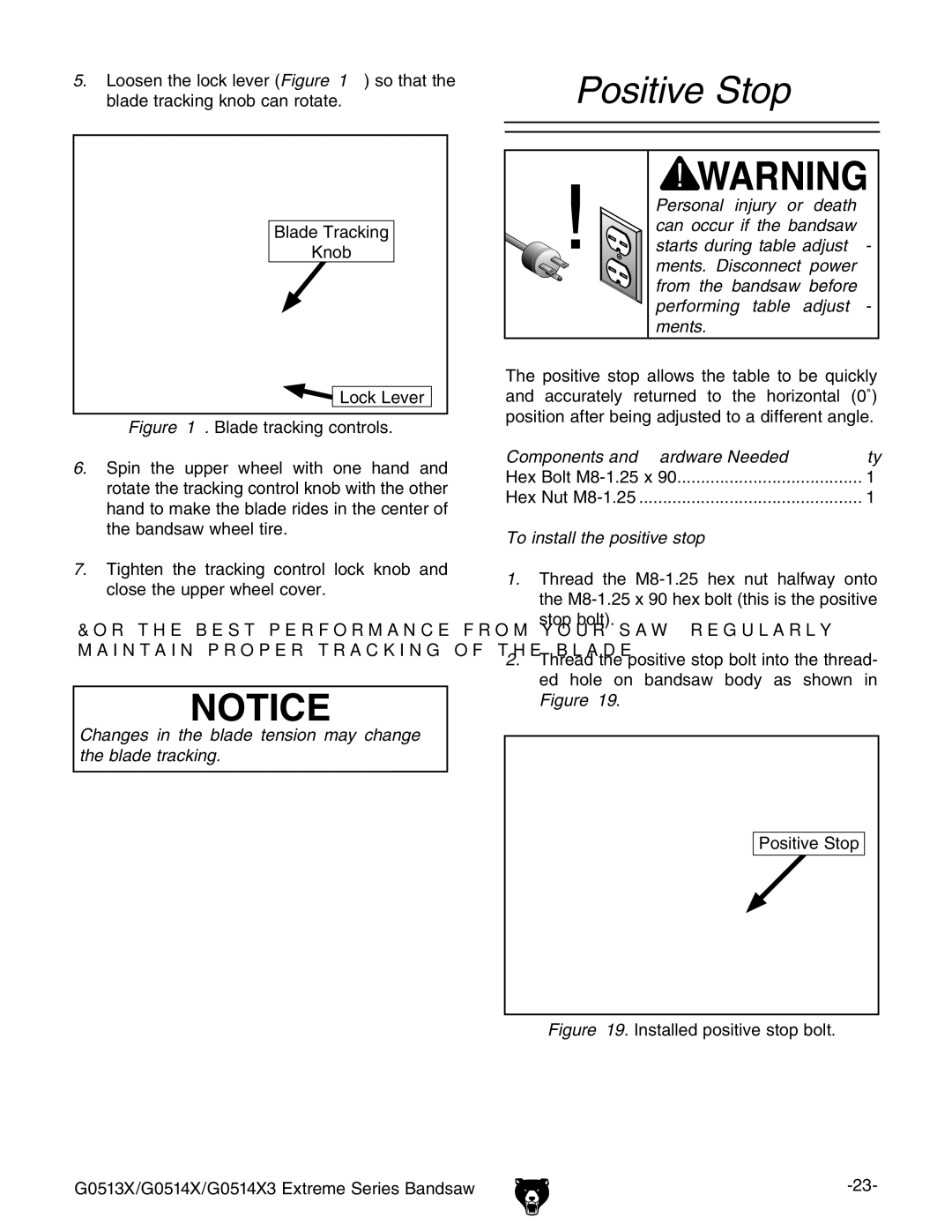 Grizzly G0513X, G0514X3 owner manual Positive Stop, To install the positive stop 