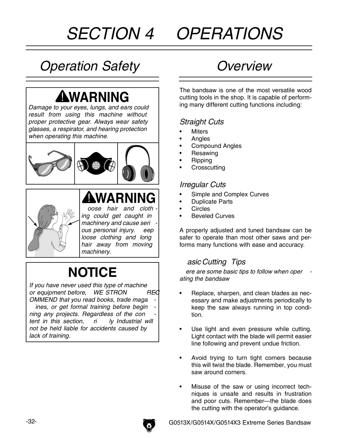 Grizzly G0513X, G0514X3 owner manual Operations, Operation Safety Overview 