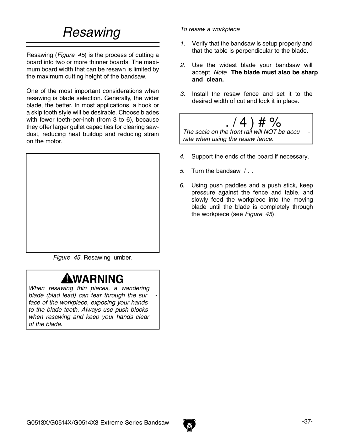 Grizzly G0513X, G0514X3 owner manual Resawing lumber 