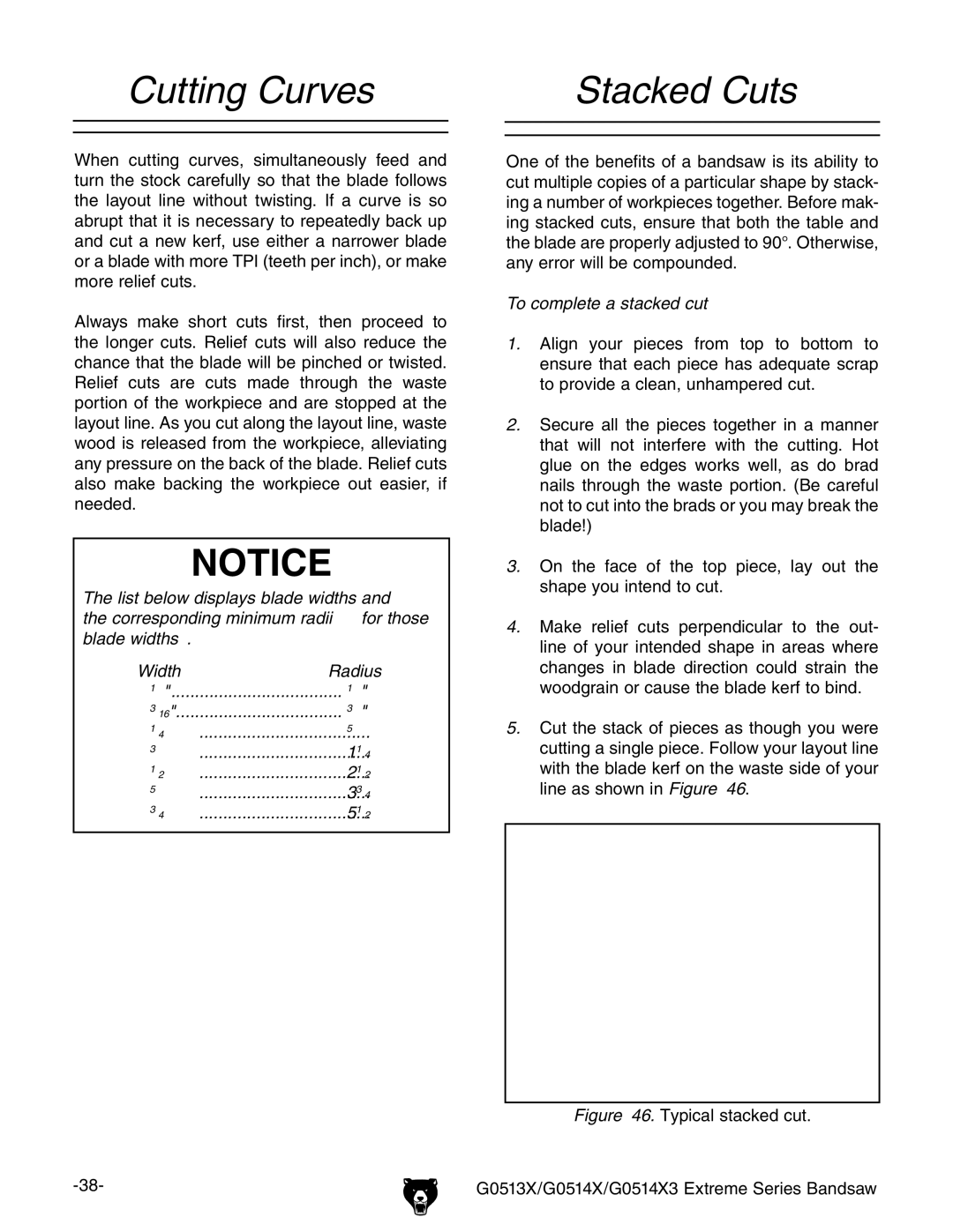 Grizzly G0513X, G0514X3 owner manual Cutting Curves Stacked Cuts, To complete a stacked cut 