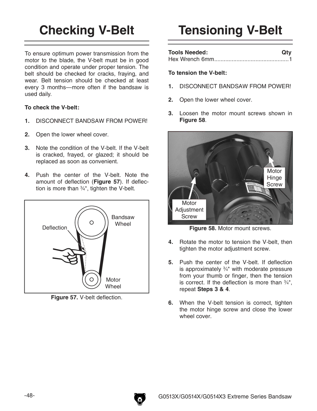 Grizzly G0514X3, G0513X Checking V-Belt Tensioning V-Belt, To check the V-belt, Tools Needed Qty, To tension the V-belt 