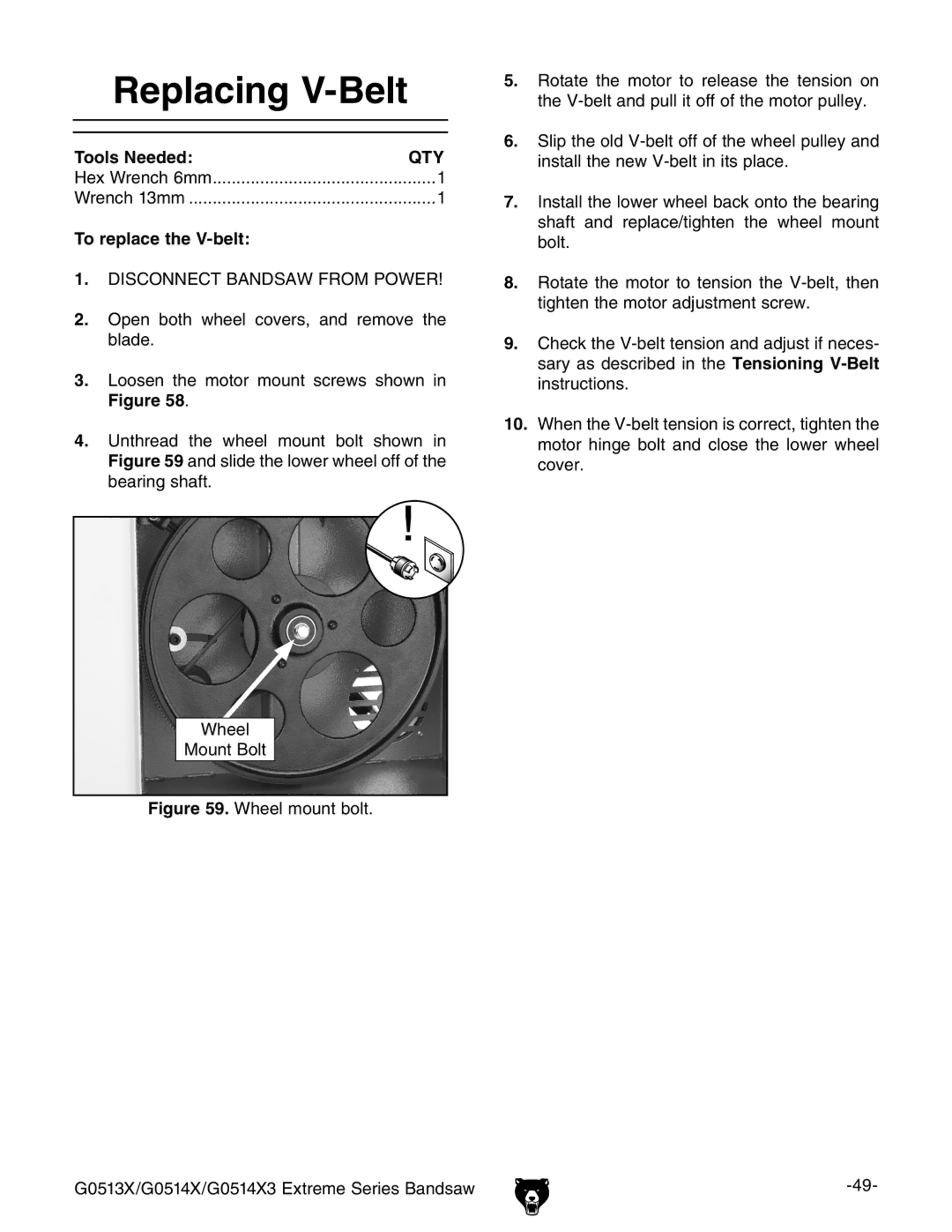 Grizzly G0513X, G0514X3 owner manual Replacing V-Belt, Tools Needed, To replace the V-belt 