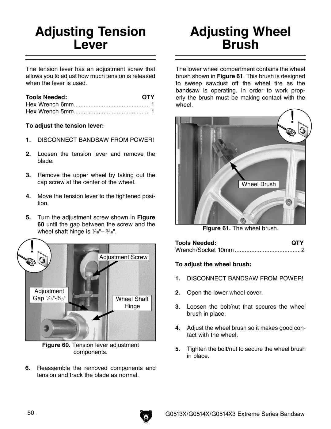 Grizzly G0513X Adjusting Tension, Lever, Adjusting Wheel Brush, To adjust the tension lever, To adjust the wheel brush 